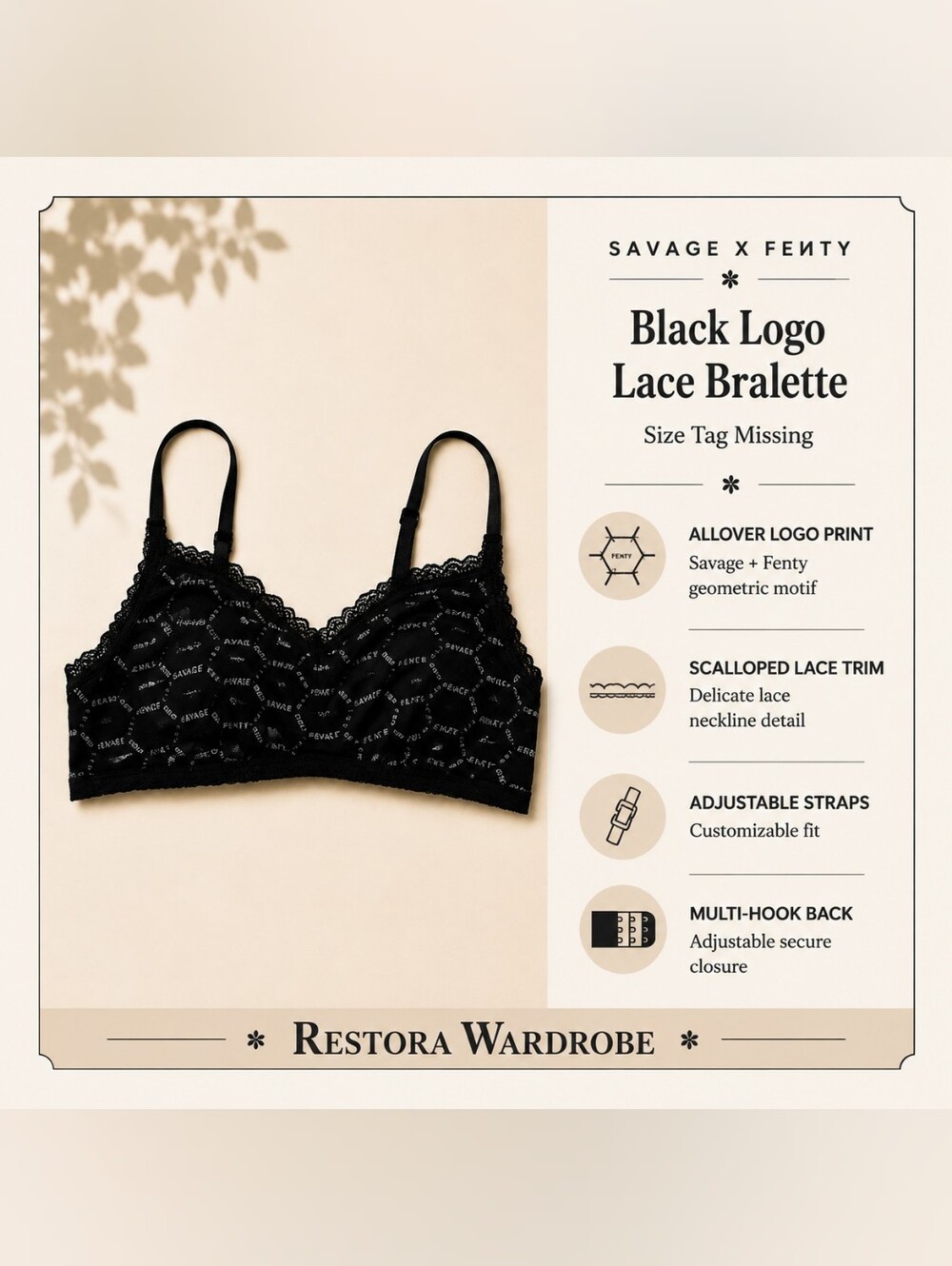 Savage X Fenty Y2K Dark Coquette Black Lace Logo Bralette